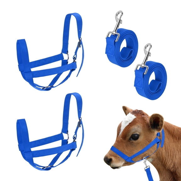 Uxcell 2-Pack Adjustable Cattle Cow Calf Halter, 12.6"-18.9" Nylon Livestock Cow Halter with Leading Rope [Blue]