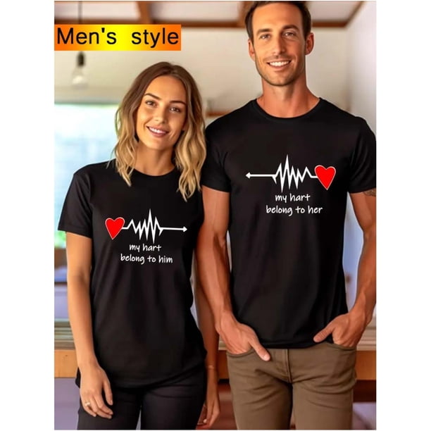 Camiseta de pareja con estampado de ECG 'Te amo' - 100 % algodón, manga corta, cuello redondo informal para hombres y mujeres - Ropa de verano perfecta y regalo. Camiseta para adultos, hombres, mujere