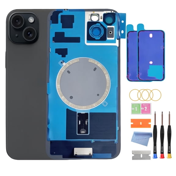 OEM Back Glass Replacement for iPhone 15 Plus (6.7-Inch) – Metal Camera Frame, Lens Glass & Magnet – Includes Repair Tools(Black)