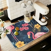 Yayeee Drying Mat for Kitchen Counter Dishes Microfiber Coffee Decorative Pad, Red Floral Flamingo