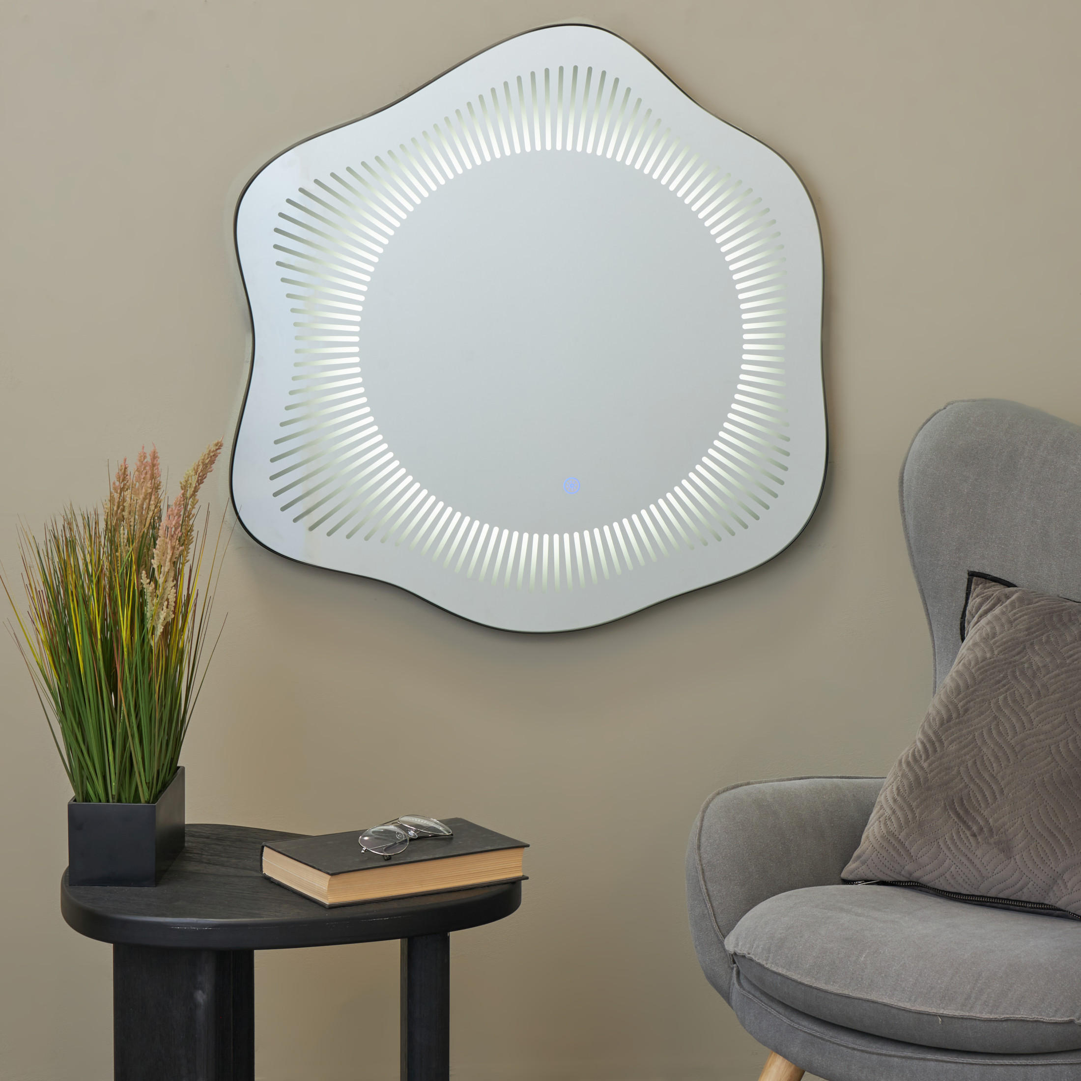 DecMode 29" x 30" Silver Wavy LED Abstract Wall Mirror with Radial Pattern