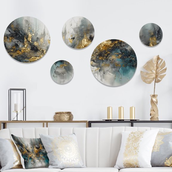 Designart "Modern Contemporary Abstract Grey and Gold I" Abstract Marble Metal Wall Art Set of 5 Piece