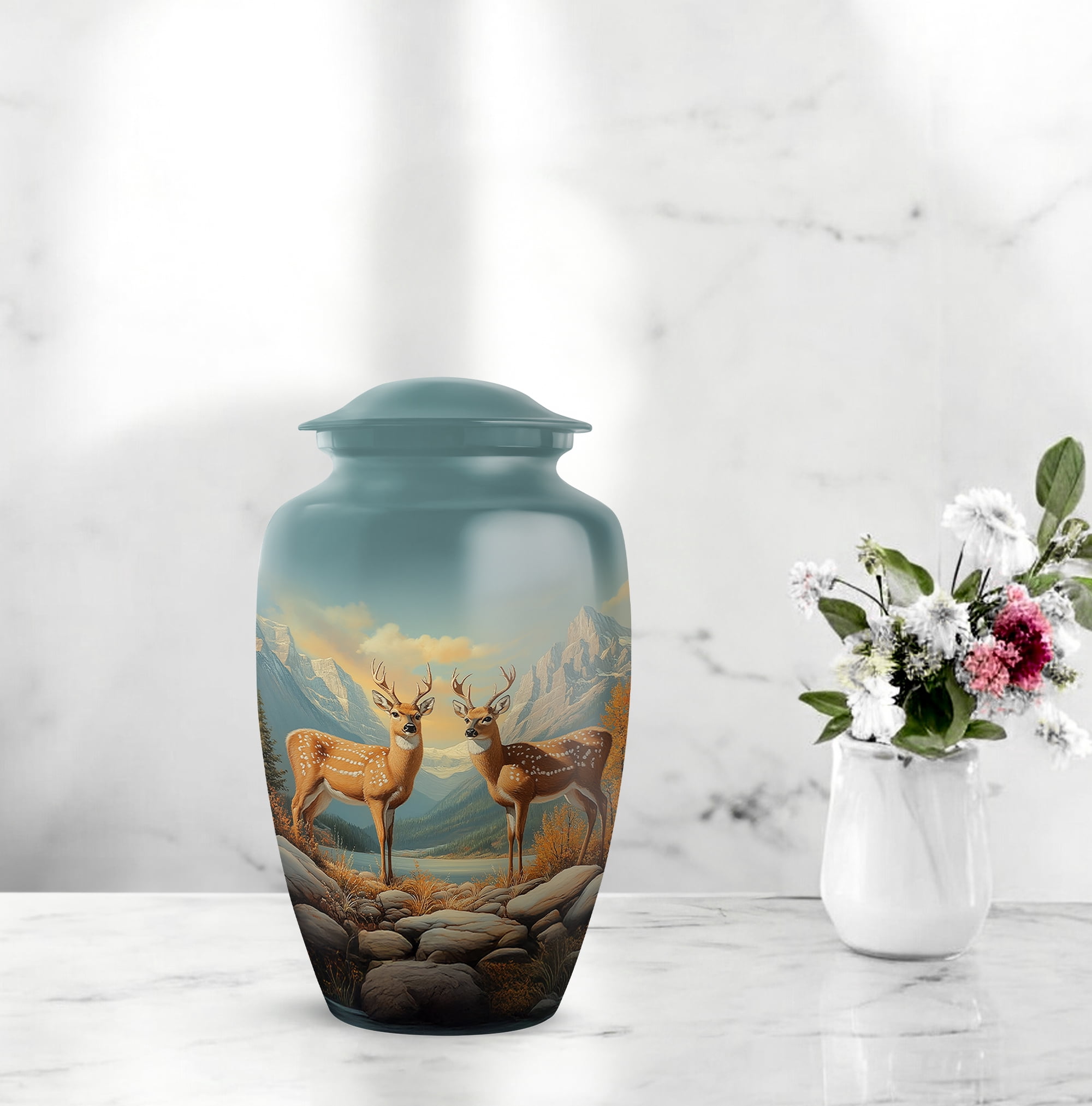Deer Funeral Urn For Adult Male - Memorial Cremation Urns For Human Ashes Adult Female - Blue Urn For Man And Woman - Large Decorative Urns For Human Ashes Mother - 10 Inch