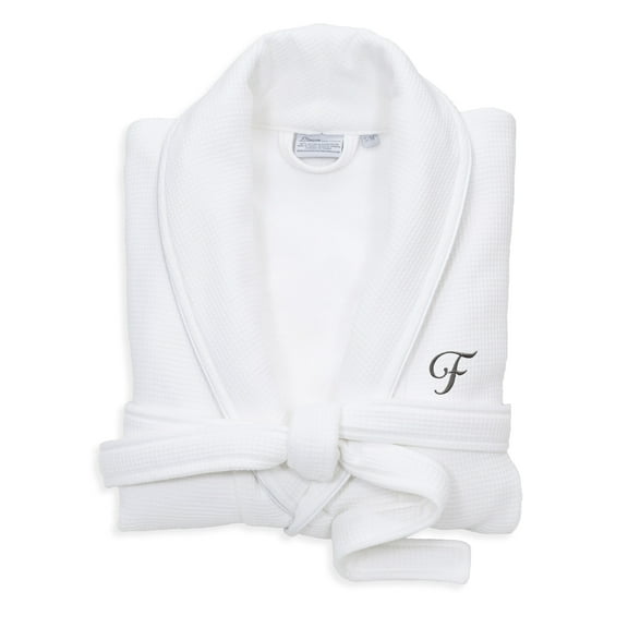 Authentic Hotel and Spa White Unisex Turkish Cotton Waffle Weave Terry Bath Robe with Grey Script Monogram F S/M
