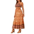 thumbnail image 4 of Vestido Boho de Mujer Inspire Chic con Mangas Cortas Abullonadas y Hombros Descubiertos, Estampado Floral, Maxi Vestido de Verano, Naranja L, 4 of 6