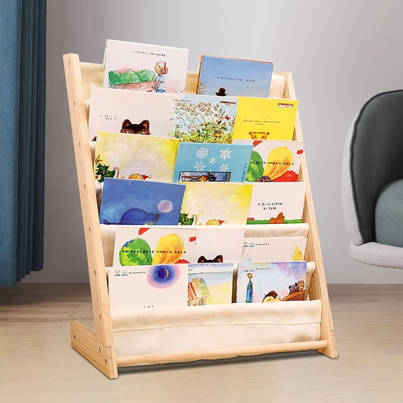 6 Tiers Wooden Bookshelf for Kids Tidy Organizer Wood Kids Book Storage Rack Kids Wooden Bookshelf Beige Canvas Children Bookshelf