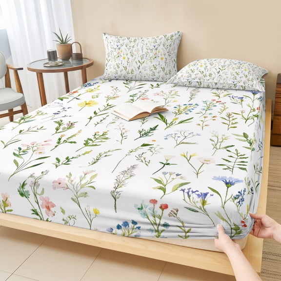 Twin Sze Fitted Sheet Set - Spring Floral 2 Piece Bedding Sets 16" Deep Pocket Fitted Sheet with 1 Pillowcase, Watercolor Botanical Flower Brushed Microfiber Hotel Luxury Bed Sheets