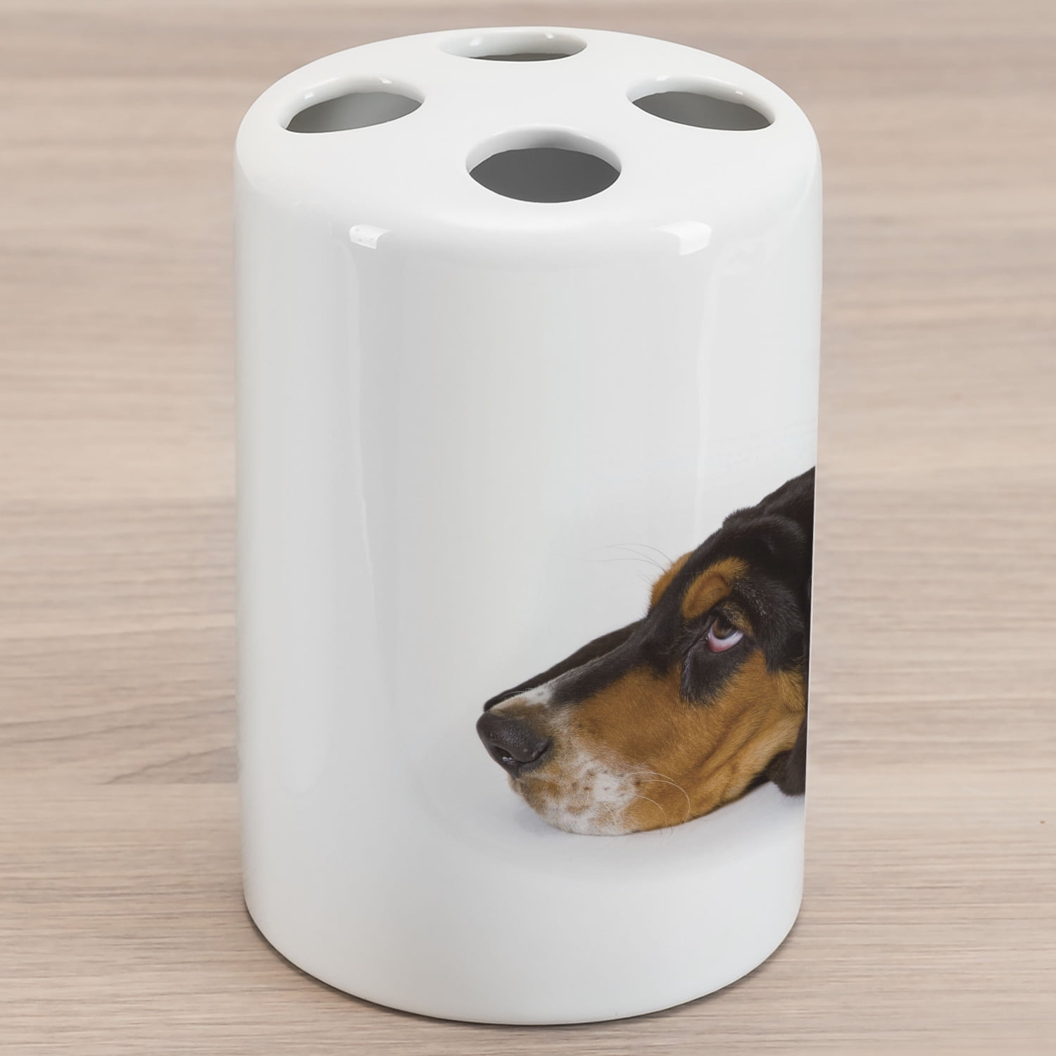 Basset Hound Ceramic Toothbrush Holder, Dog Innocently Lying Side Studio Shot Photo, Decorative Versatile Countertop for Bathroom, 4.5' X 2.7', Dark Taupe Coconut
