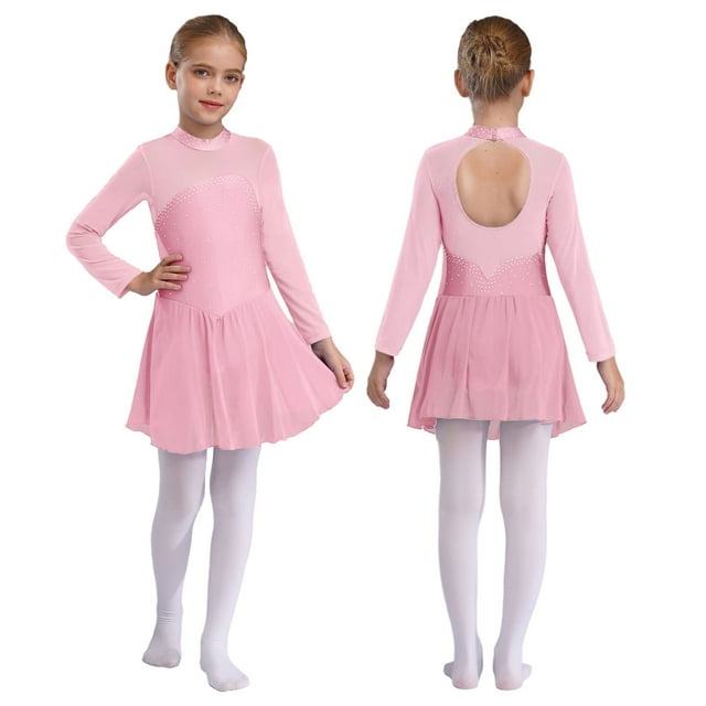 Linjinx Robe de Danse Ballet à Manches Longues en Maille avec Strass pour Filles, Justaucorps de Compétition de Patinage Artistique Rose 12