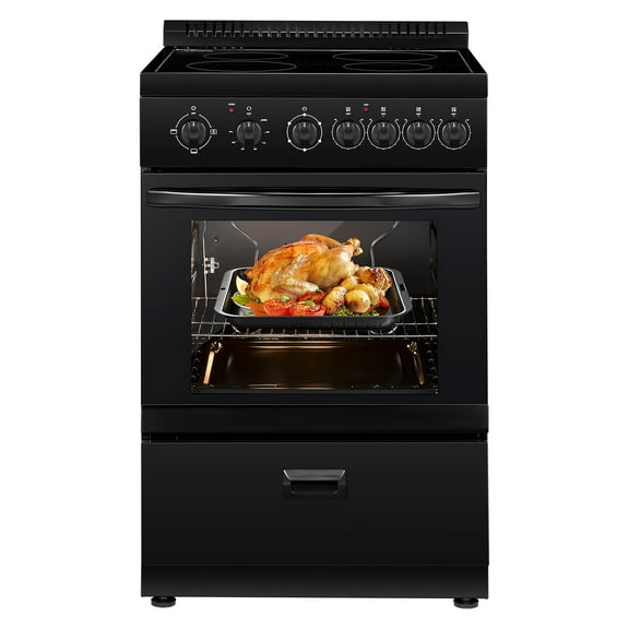 VEVOR 24 in Electric Range Oven,2.7 Cu. Ft. Capacity Compact Freestanding Oven, Stainless Steel Kitchen Stove with 4 Burners, Easy Reach Rack, Storage Drawer, Drip Pan, Indicator Light(No Power Cord)