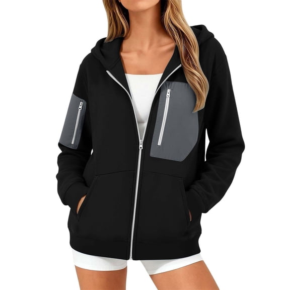 Hurxie Women's Spring Zip Up Y2K Hoodies Casual Long Sleeve Sweatshirts Fall Winter Track Jackets with Pockets Black,XL