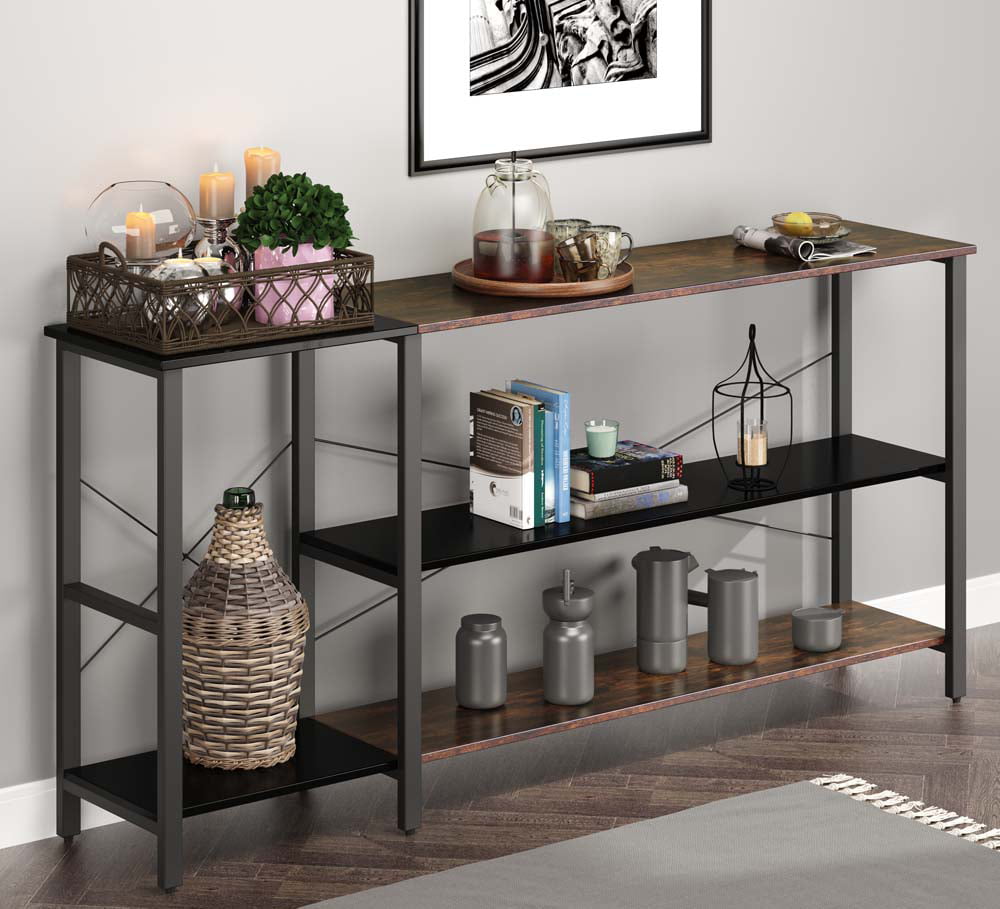 Industrial Foyer Table for Living Room Steel Frame Entry Way Brown BTM Console Table,3-Tier Console Sofa Table 
