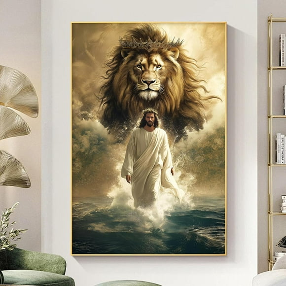 RAYZELJesus Walking On Water Canvas Wall Art Ocean Pictures Abstract Lion Poster Christian Artwork Vintage Jesus Picture Christian Prints Abstract Animal Painting Modern Lion Wall Art Frame: 11x14in