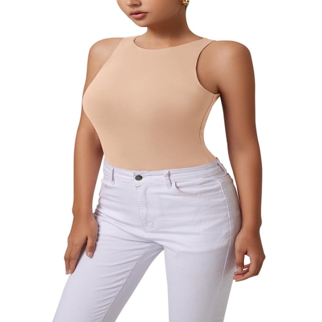 QJUHUNG Tank Bodysuit for Women Halter Neck Sleeveless Ribbed Bodysuit Basic Tank Tops