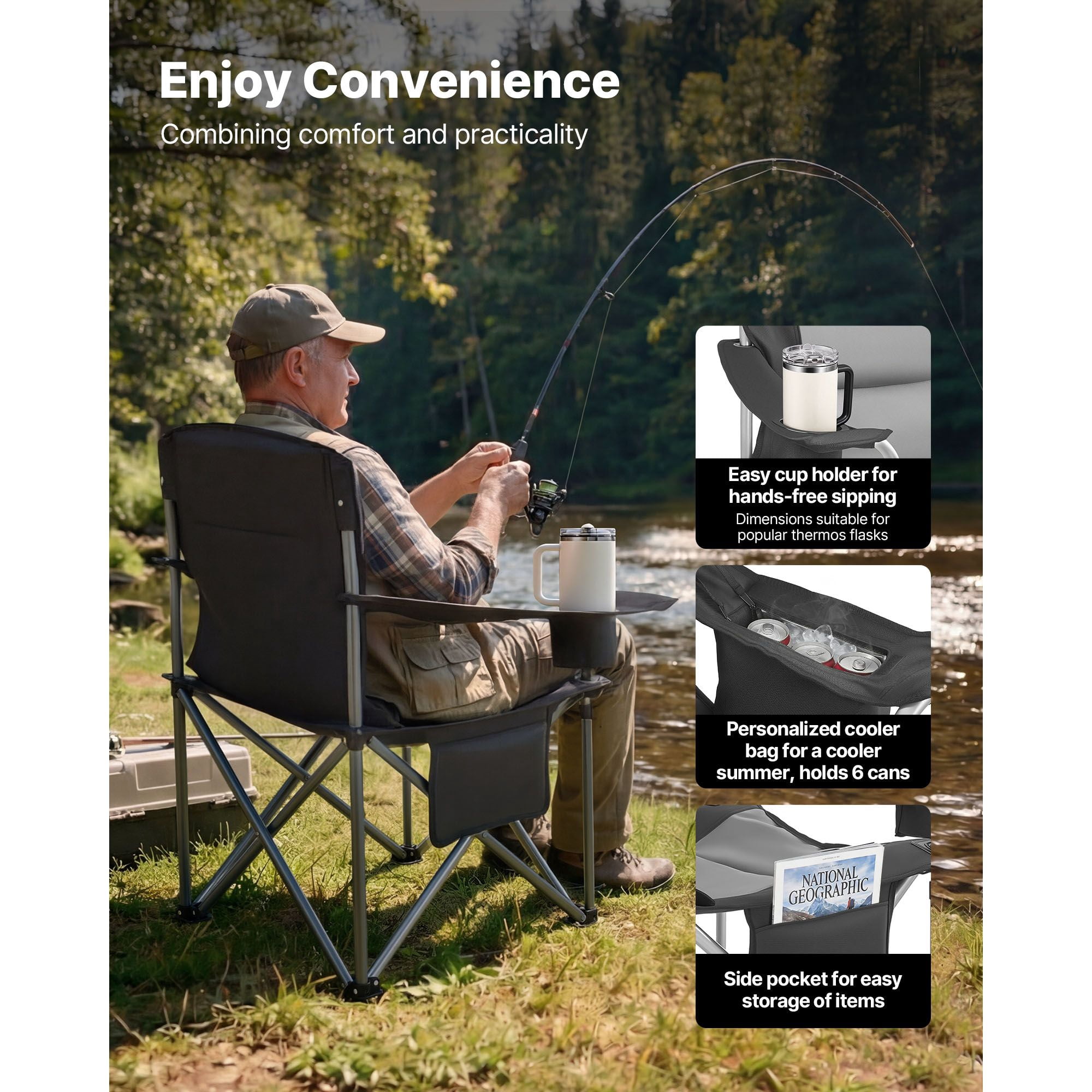 Oversized Camping Chairs, 450 lbs Heavy Duty Support, Portable Folding Camp Chairs with Padded Backrest & Armrests, Cup Holder & Side Pocket, Cooler Bag, Carry Bags for Outdoor, Fishing, 2 Pack