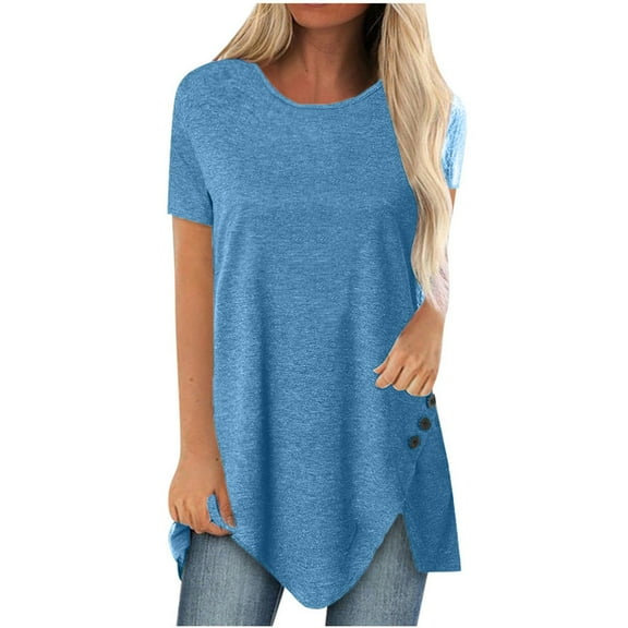 Pntutb Womens Plus Size Button Solid Round Neck Short Sleeve Irregular T-shirt Blouse Tops