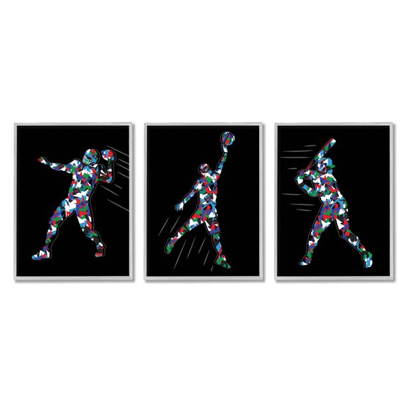 Stupell Industries Geometric Pattern Sports Players Graphic Art Gray Framed Art Print Wall Art, Set of 3, Design by Arrolynn Weiderhold