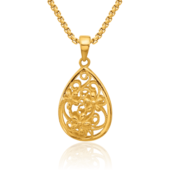 24K Solid Yellow Gold Flower Teardrop Necklace Pear Pendant Charm