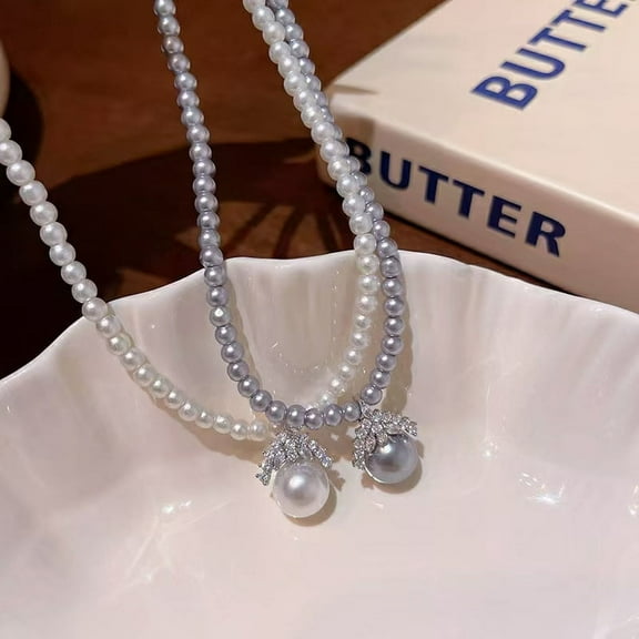 XXKQ Zirconium Crown Pearl Necklace Women's Light Luxury Niche Temperament Beaded Sweater Chain Retro All-match High-end Accessories