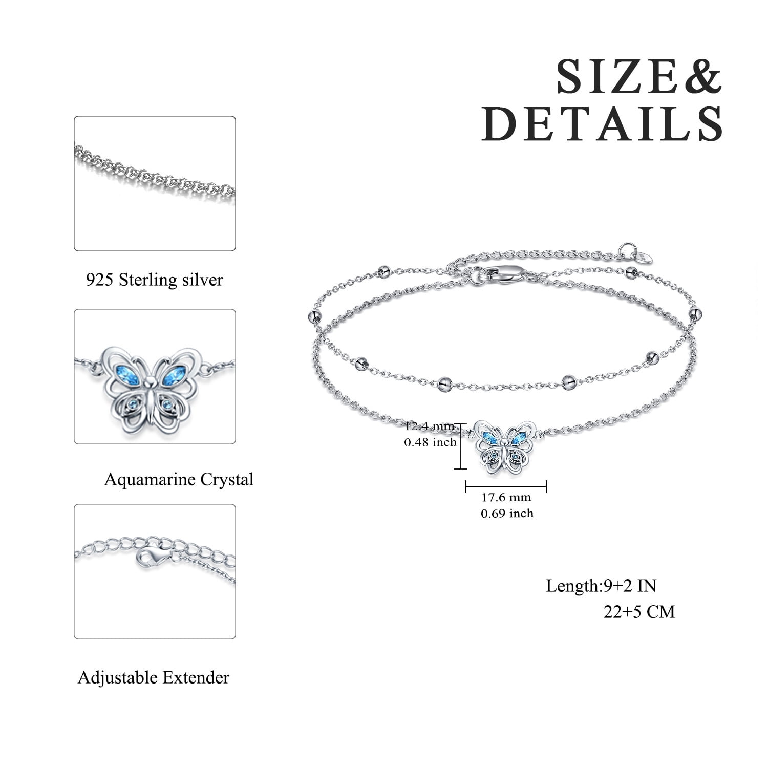 Crystal Butterfly Anklets 925 Sterling Silver Butterfly Ankle Bracelet Double Layered Anklet for Women Blue Butterfly Jewelry