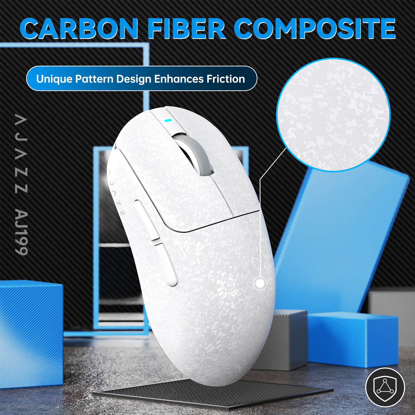 Ajazz AJ199 Wireless Gaming Mouse Ultra-Lightweight 55g Tri-Mode Connection 24000 DPI PAW3311 Sensor Carbon Fiber Shell 500mAh Battery 1K Polling Rate Durable & Anti-Slip Design Black