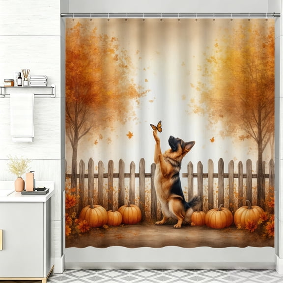 Fall Shower Curtain A dog sitting in front of a fence with a butterfly in its mouth Standard Size 72x72 Shower Curtain Washable