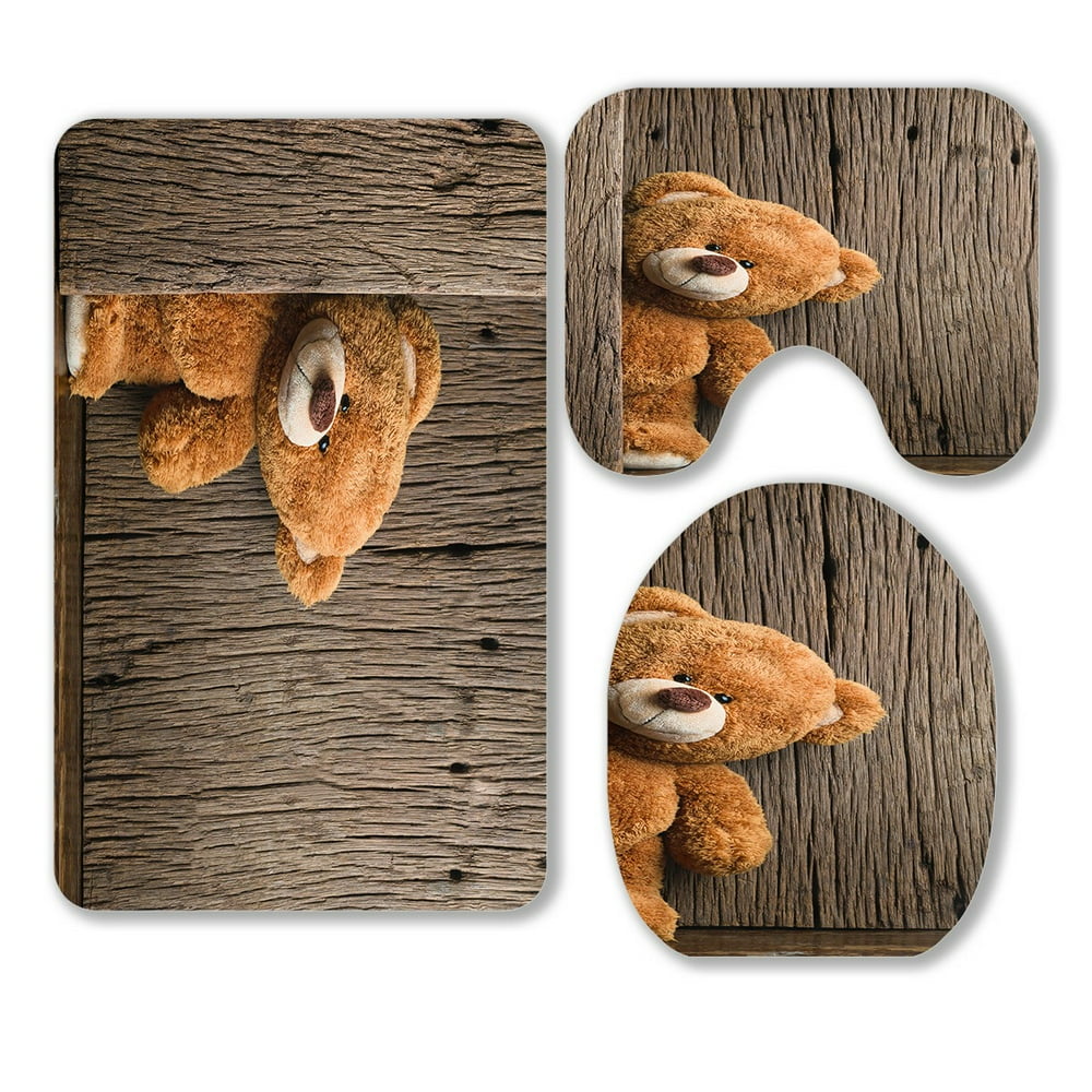 ABPHQTO Cute Teddy Bears Old Wood 3 Piece Bathroom Rugs Set Bath Rug