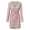 thumbnail image 3 of WTXUE Long Sleeve Dress, Women Dress Sequins V-neck Long Sleeve Self Cultivation Dress Slim Elegant Ladies Party Dress, Sequin Dress for Women, Pink Dress for Women, Pink 2XL, 3 of 7