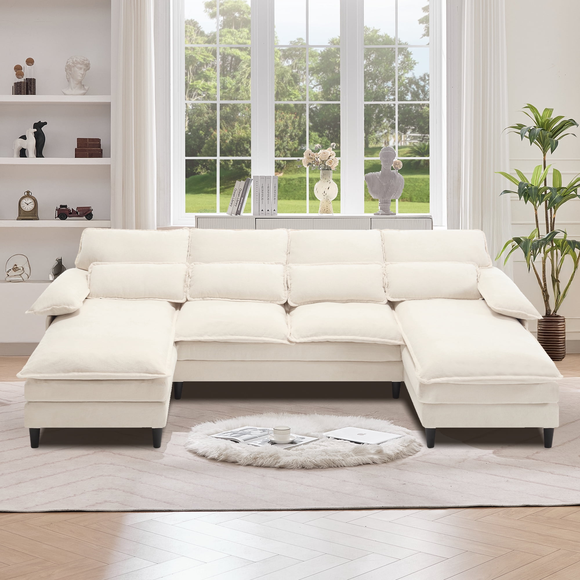 JONPONY 107.5" U Shaped Couch, 4 Seat Sectional with 4 Throw Pillows, Convertible Upholstery Symmetrical Sofá,High Dense Memory Foam with Double Chaise Lounge &Memory Foam for Living Room, Beige