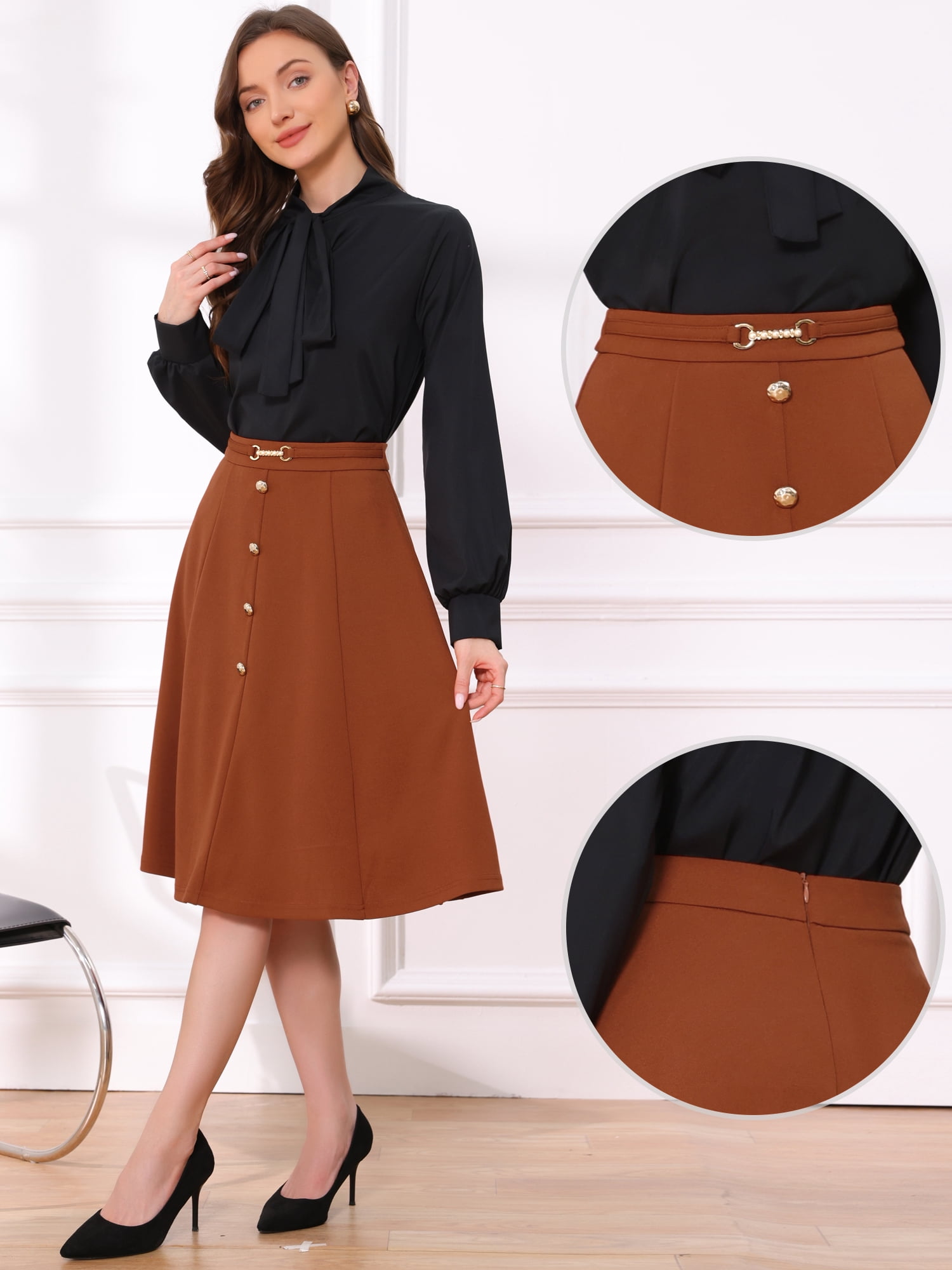 DARING DIVA Women's A-Line Vintage High Waist Pleated Midi Skirts M Orange Brown