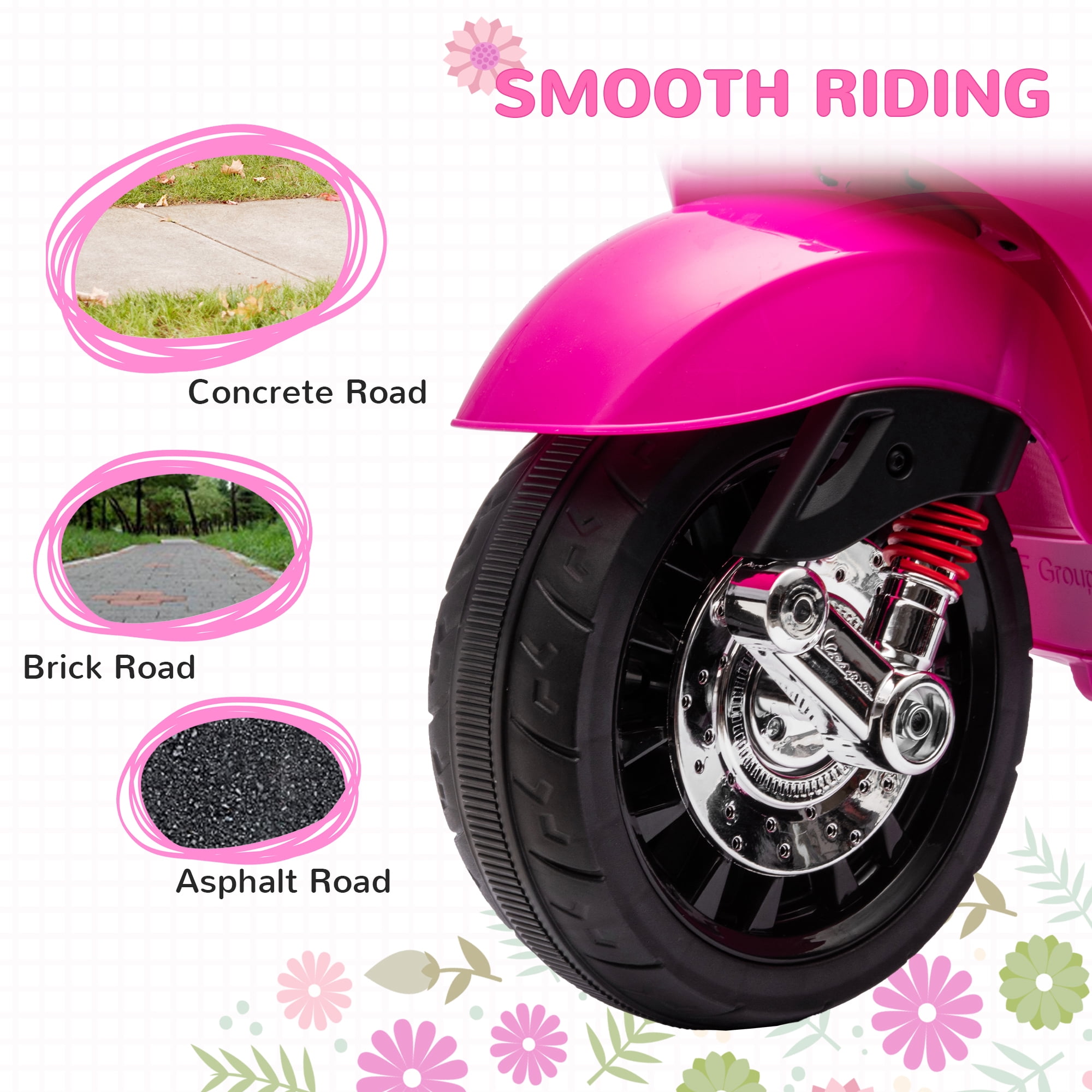 Qaba Vespa Licensed Electric Motorcycle for Kids, 6V Toddler Motorcycle with Music, FM Radio, Headlight, Single Button Start, Pink