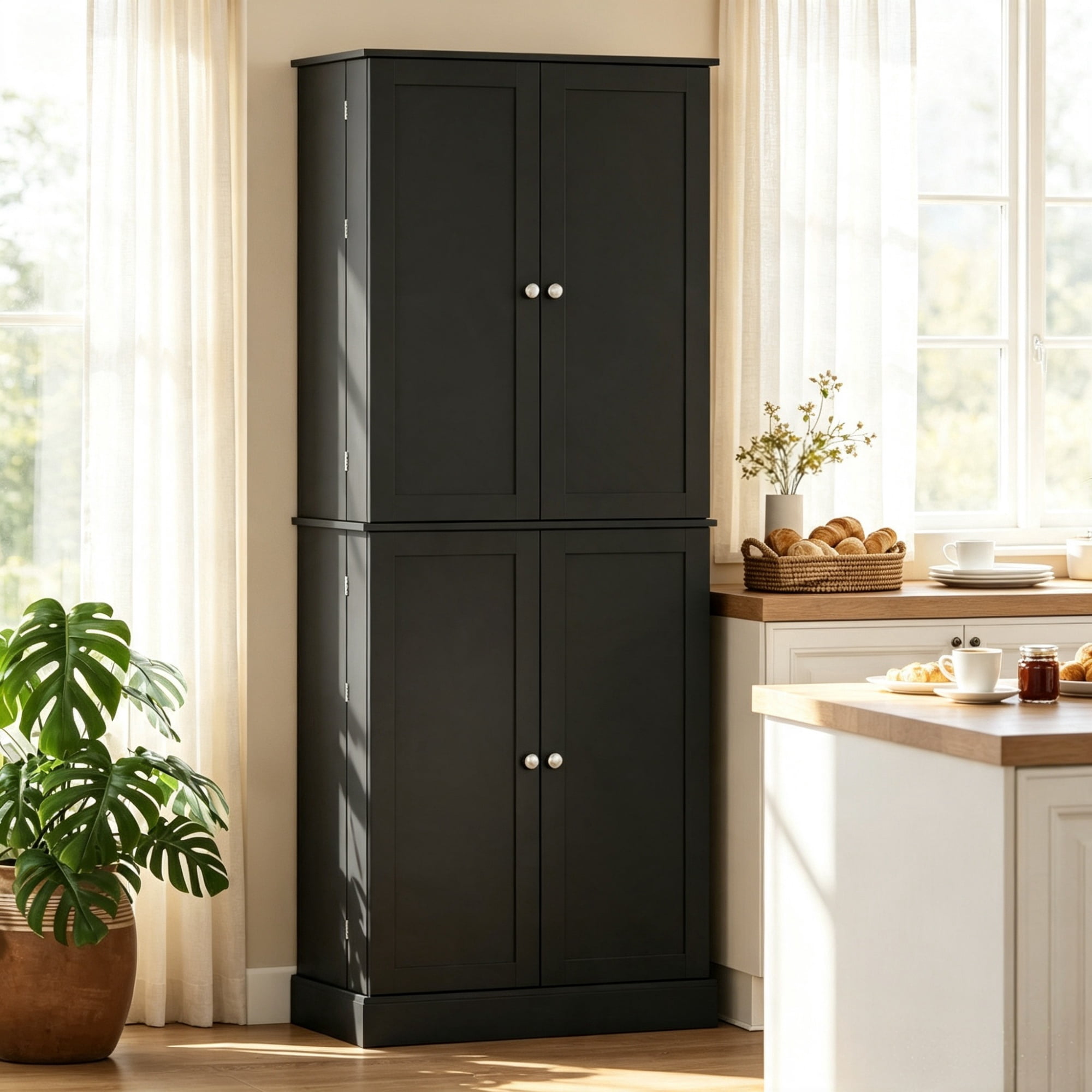65" Kitchen Pantry Cabinet, 4-Door with 16 Shelves, Black