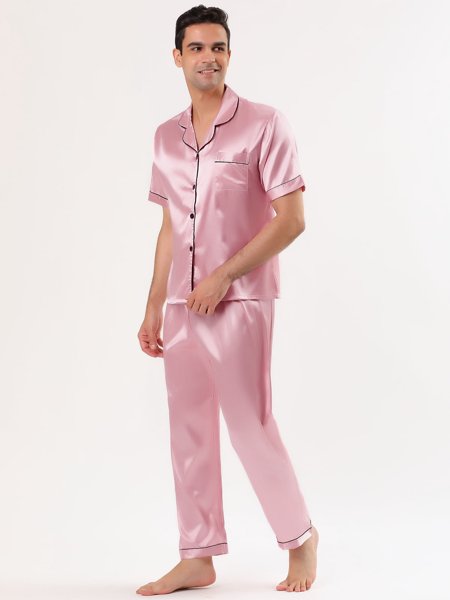 Unique Bargains Men's Button Down Satin Pajama Sets Short Sleeves Nightwear X-Large Pink