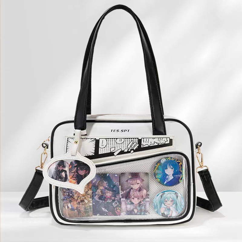 Japanese Kawaii Ita Crossbody Bag - Clear Polyester Messenger Purse, Small Tote with Adjustable Strap & Cute Pendant