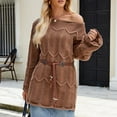 thumbnail image 5 of Trendy Long Sweaters for Women with Belt Hollow Out Baggy Knitted Off Shoulder Pullover Going Out Tunic Tops (L, Brown), 5 of 7