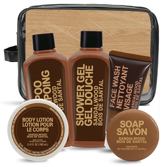 Rinse & Robust Bath and Body Gifts Spa Gift Baskets Set for Men with Travel Toiletry, Sandalwood Self Care Sets for Him Birthday, 6Pcs