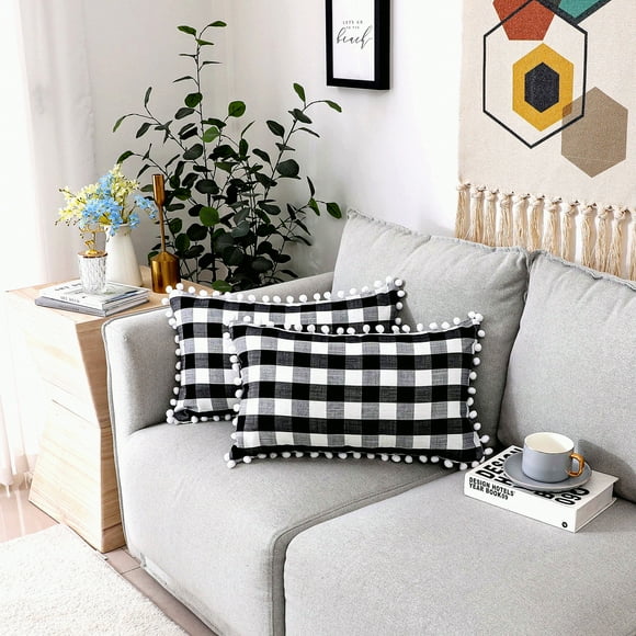 Housses de Coussin à Carreaux Rétro Style Ferme - Ensemble de 2 Housses de Coussin Vichy pour Décoration de Maison Housses de Coussin Décoratives - Noir & Blanc - 12 x 20 Pouces