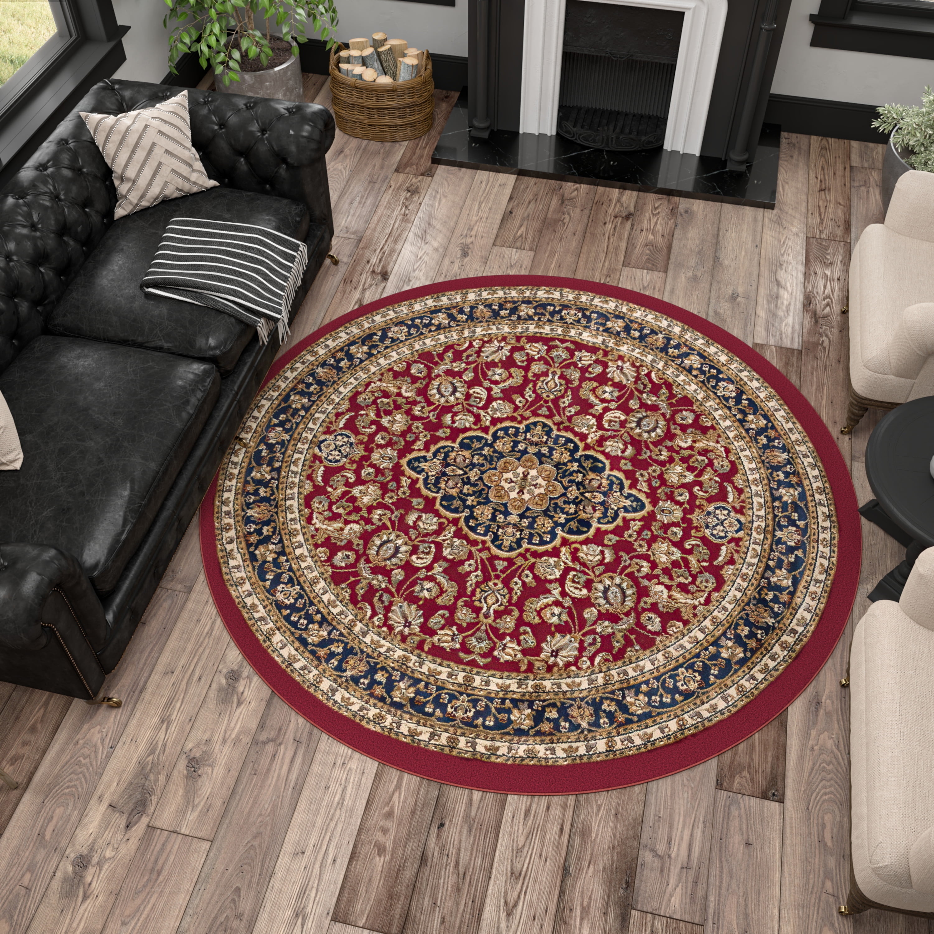 Sensation Transitional 5' Round Red and Beige Polypropylene Indoor Area Rug