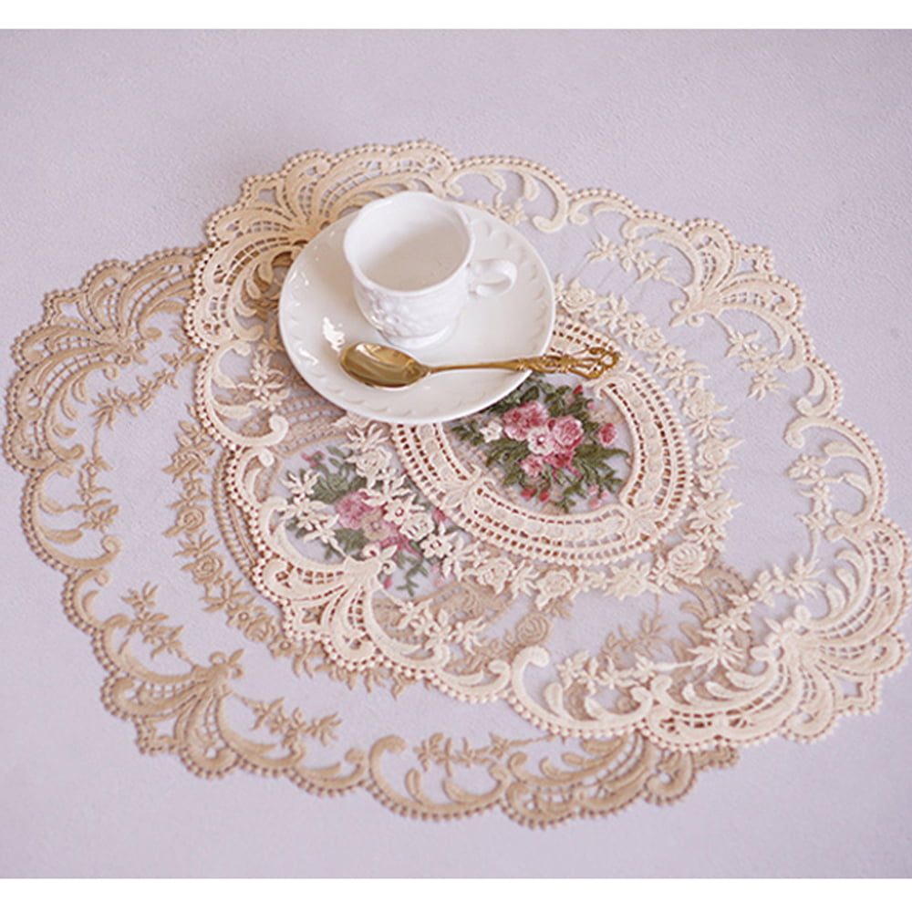 Dainty Pink Flower Embroidery Cutwork Ivory Table Topper 57cm Clearance 
