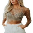 thumbnail image 1 of Hauts d'Été en Maille Transparente pour Femmes Manches Longues Col Strass Ajusté Crop Tops, 1 of 5