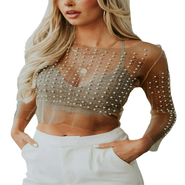 Hauts d'Été en Maille Transparente pour Femmes Manches Longues Col Strass Ajusté Crop Tops