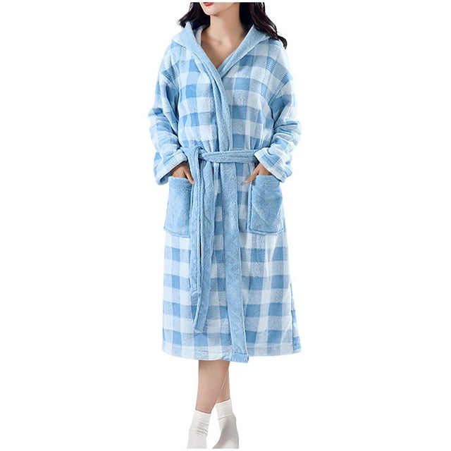 HAiming Robe for Women Long Hooded Bathrobe Warm Cloth Thickened Fleece Plaid Loungewear Spa Bath Robe with Pockets