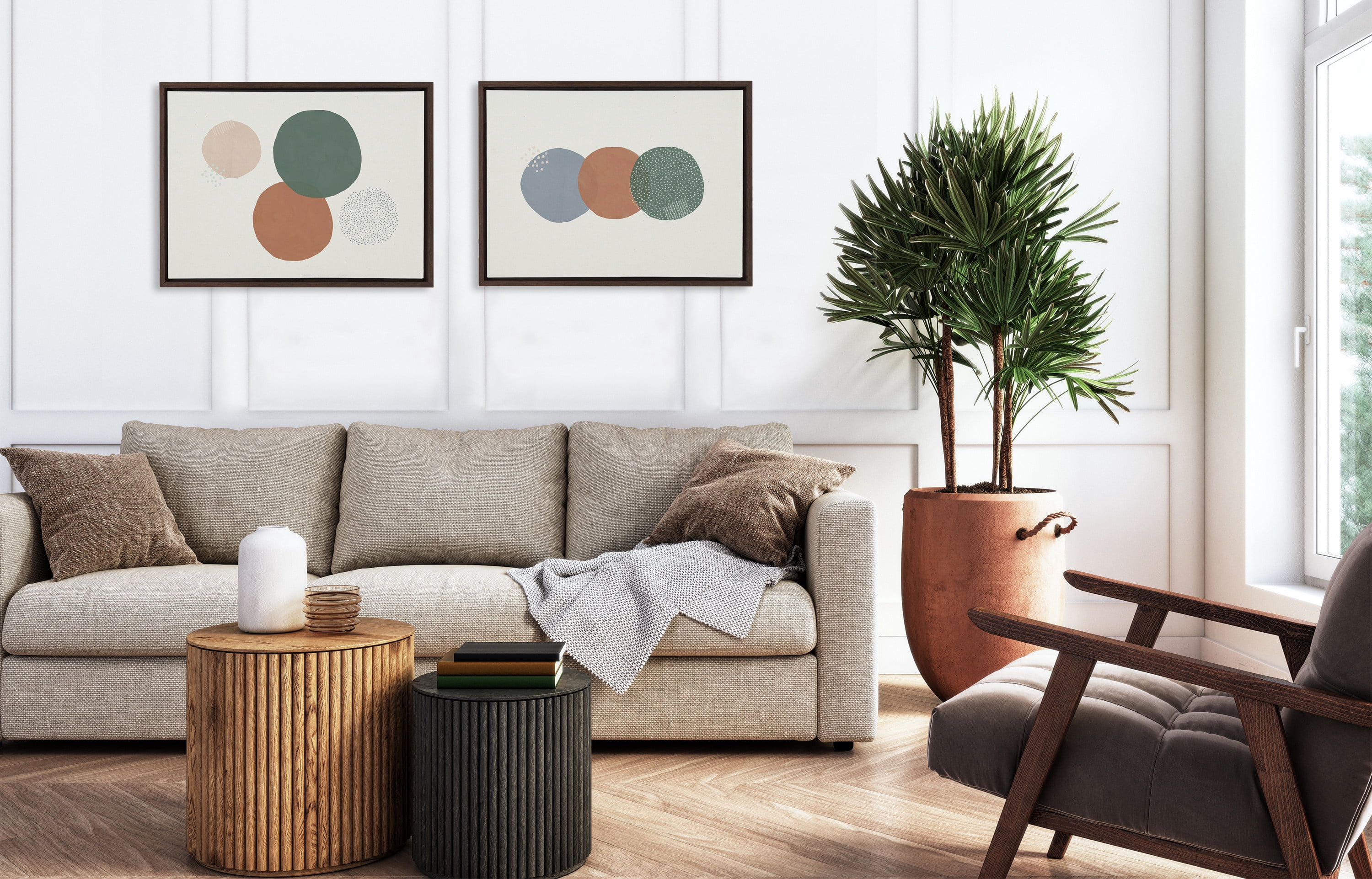 Sylvie Abstract Soft Circles Part 1 and 2 18 in x 24 in Framed Painting Canvas Art Prints, by Kate and Laurel Set of 2