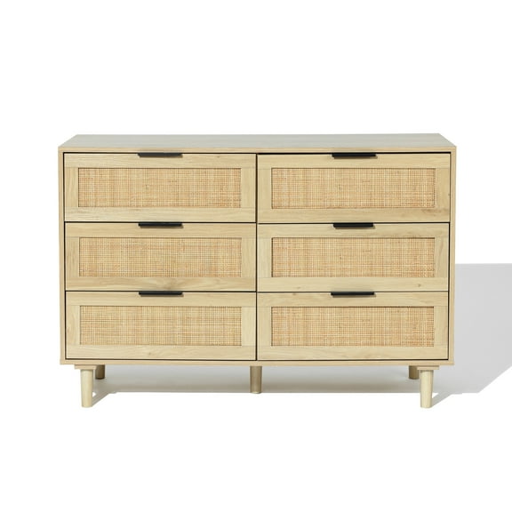 LuxenHome Light Oak MDF Wood 6 Drawer Bedroom Dresser