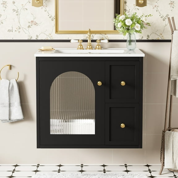 24" Wall Mounted Hanging Single Bathroom Vanity with Ceramic Top, Black