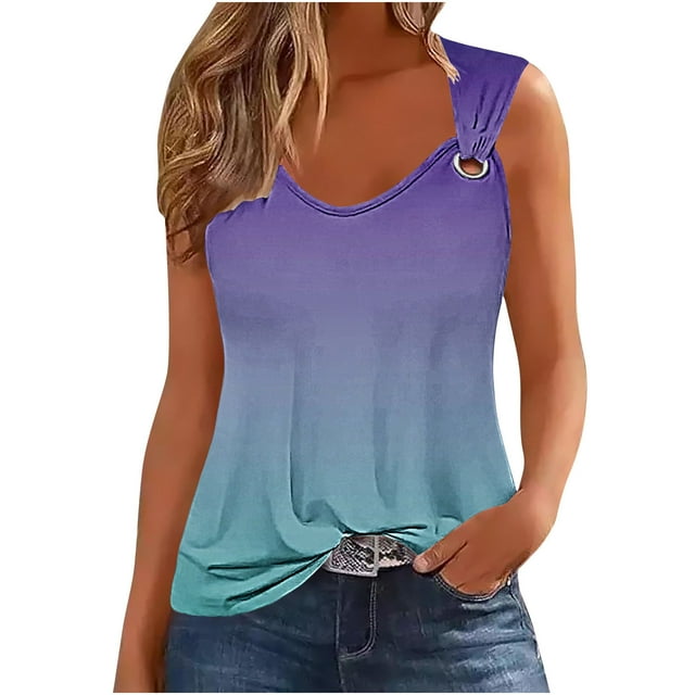 Plebaso Débardeur Dégradé Femme Sans Manches Col Rond T-Shirts Tee Décontracté Imprimé 2025 Ample Mode T-Shirts
