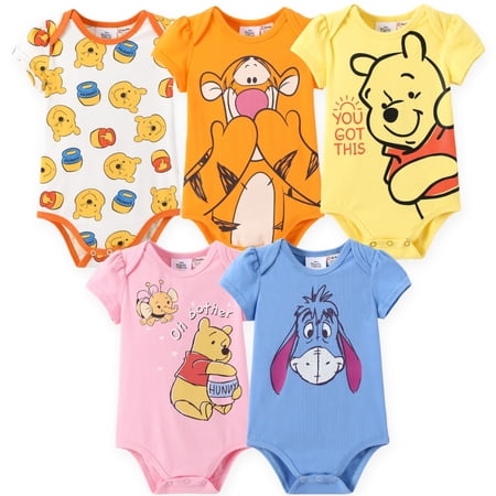 Disney Winnie the Pooh Baby Short Sleeve Bodysuits 5 Pack Graphic Boys Shower Gifts Sets