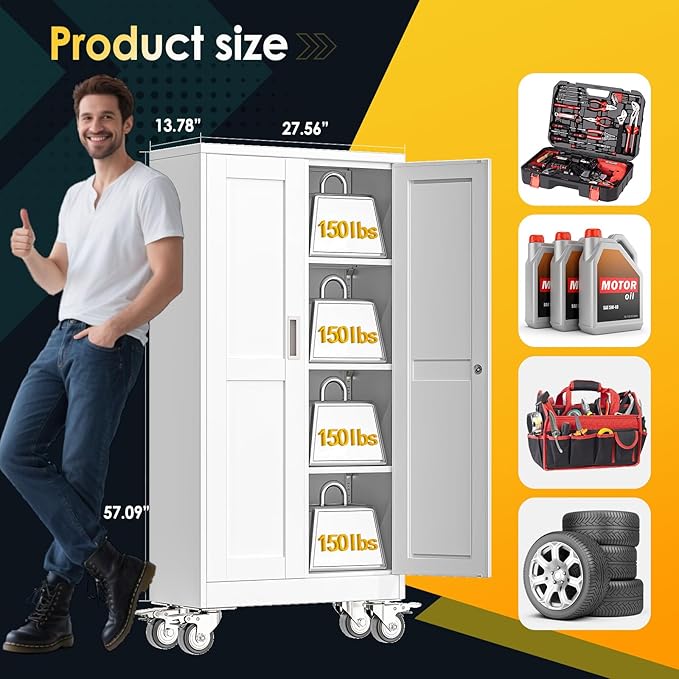Erosoei 61"H Metal Garage Storage Cabinet with Wheels, Tool Storage Cabinet with 3 Adjustable Shelves