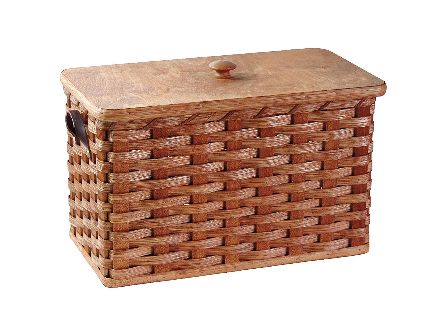 Amish Handmade Woven Solid Oak Bottom Bread Box With Leather Handles and Lid