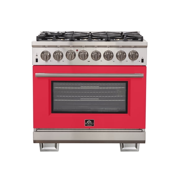 Forno Capriasca 36-Inch Freestanding Dual Fuel Range, 6 Burners, True Convection Oven, Red Door